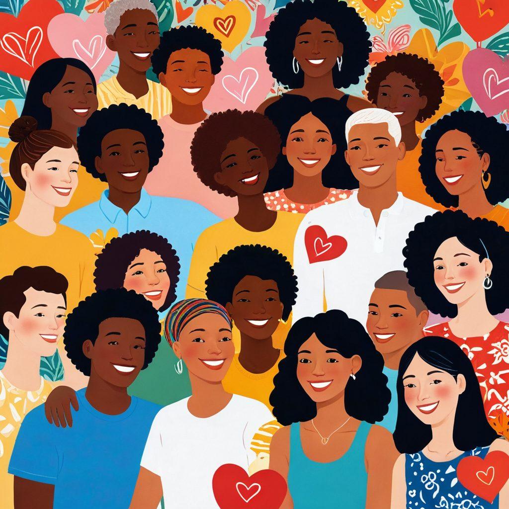 A diverse group of individuals joyfully engaging in open conversations about sexuality, surrounded by vibrant and positive motifs such as hearts and flowers. Incorporate elements like varied adult content symbols artistically represented to signify acceptance and empowerment. The background should be warm and inviting, symbolizing connection and openness. super-realistic. vibrant colors. soft focus.